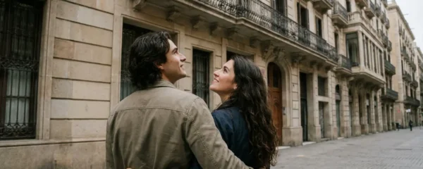 Pareja española observando fachada edificio Eixample Barcelona para elegir agencia inmobiliaria
