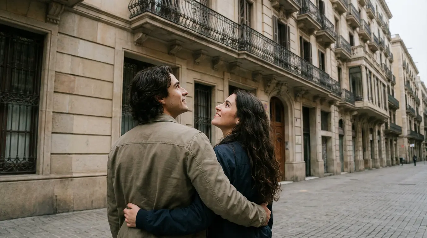 Pareja española observando fachada edificio Eixample Barcelona para elegir agencia inmobiliaria