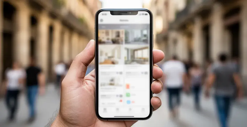 Smartphone mostrando interfaz comparador agencias inmobiliarias Barcelona RealAdvisor